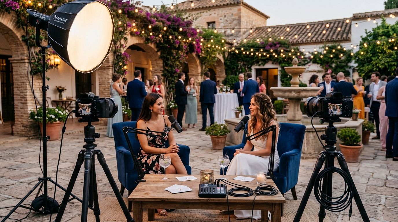 Plató de videopodcast con cámaras mirrorless en boda de lujo